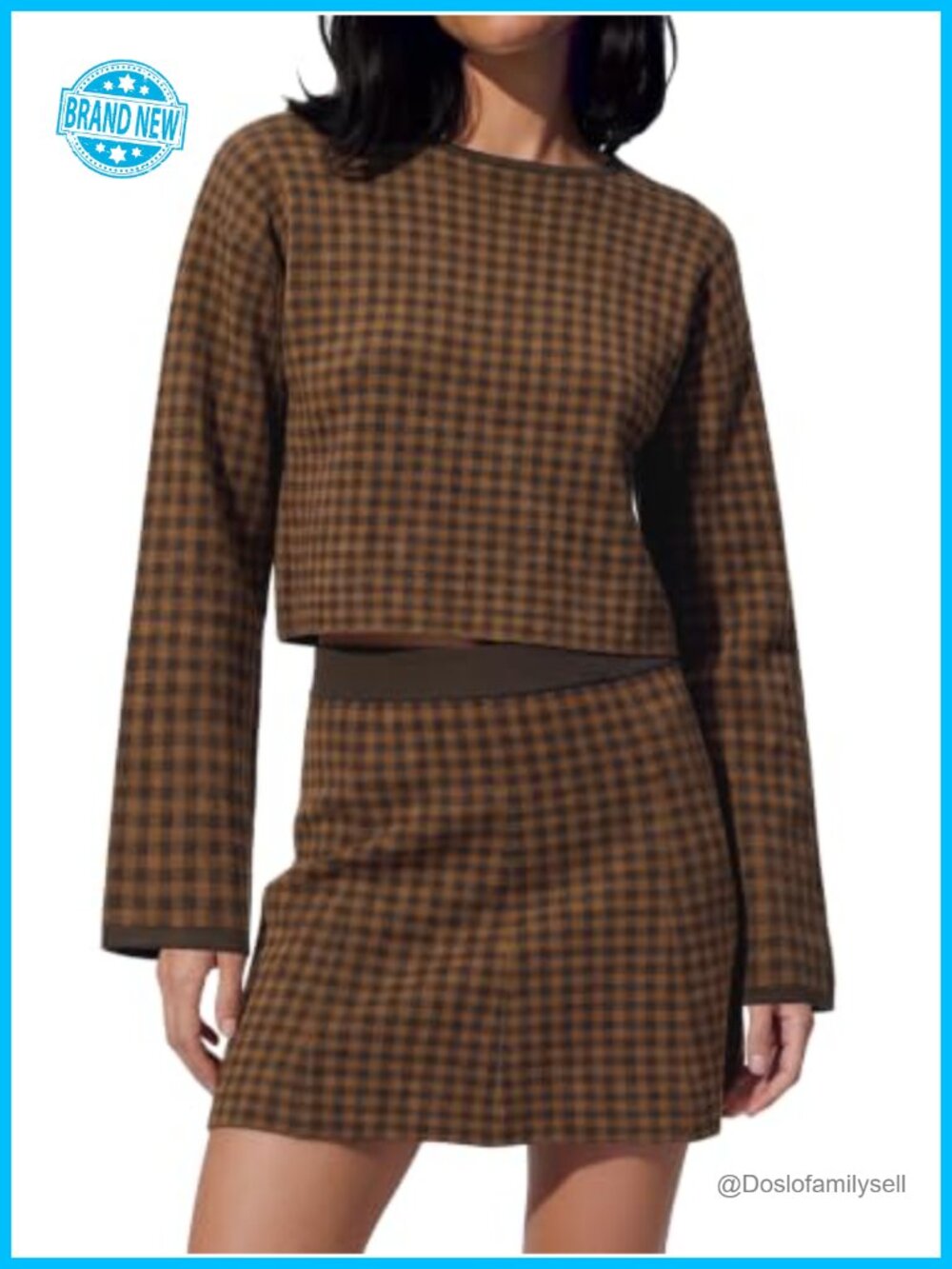 Two Piece Sweater Skirt Set Ribbed Crew Neck A Line Mini Plaid Fall Outfit